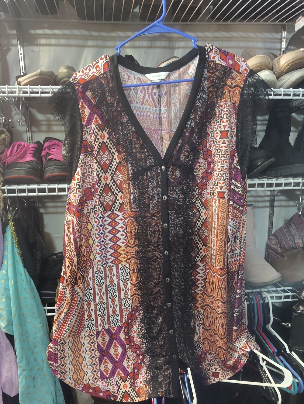 CJ Banks Multicolor Geometric Lace-Trim Button Front Top